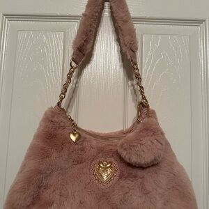 Juicy Couture Blush Faux Fur Shoulder Bag with Heart Charm